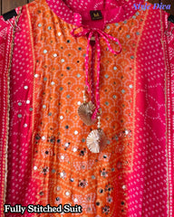 Fully Stitched - Muslin Digital Print Suit Set with Faux Mirror Work & Border Dupatta
