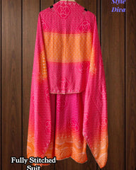 Fully Stitched - Muslin Digital Print Suit Set with Faux Mirror Work & Border Dupatta