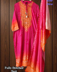 Fully Stitched - Muslin Digital Print Suit Set with Faux Mirror Work & Border Dupatta
