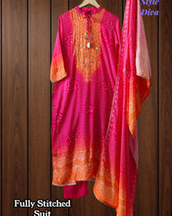 Fully Stitched - Muslin Digital Print Suit Set with Faux Mirror Work & Border Dupatta