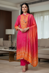 Fully Stitched - Muslin Digital Print Suit Set with Faux Mirror Work & Border Dupatta