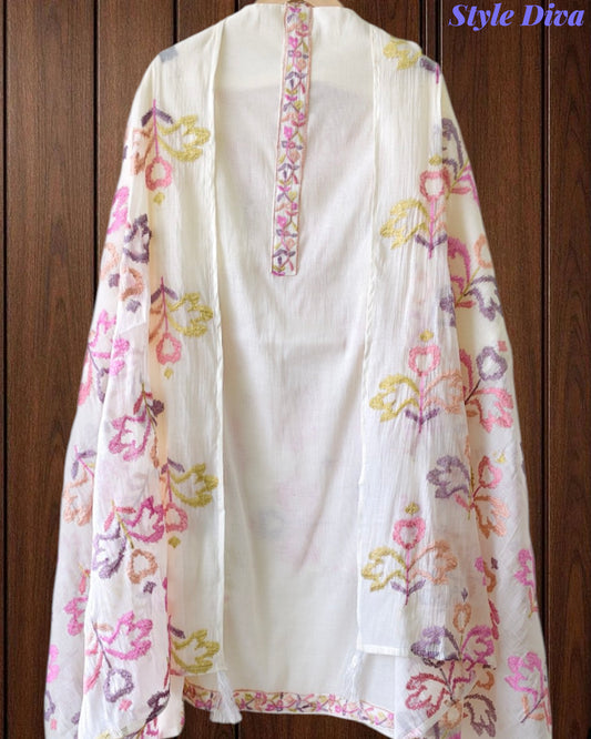 Mul Cotton Neck & Daman Embroidered Unstitched Suit with Designer Embroidered Dupatta