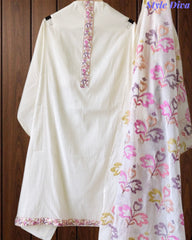 Mul Cotton Neck & Daman Embroidered Unstitched Suit with Designer Embroidered Dupatta
