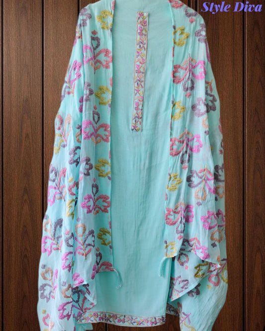 Mul Cotton Neck & Daman Embroidered Unstitched Suit with Designer Embroidered Dupatta