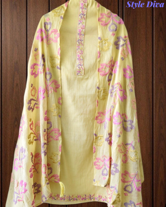 Mul Cotton Neck & Daman Embroidered Unstitched Suit with Designer Embroidered Dupatta