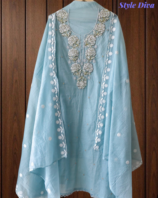 Mul Cotton Pearl & Sequin Work Unstitched Suit with Embroidered Dupatta