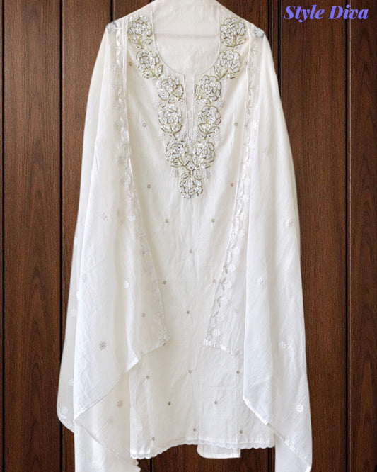 Mul Cotton Pearl & Sequin Work Unstitched Suit with Embroidered Dupatta