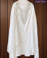 Mul Cotton Pearl & Sequin Work Unstitched Suit with Embroidered Dupatta