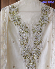 Mul Cotton Pearl & Sequin Work Unstitched Suit with Embroidered Dupatta