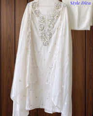 Mul Cotton Pearl & Sequin Work Unstitched Suit with Embroidered Dupatta