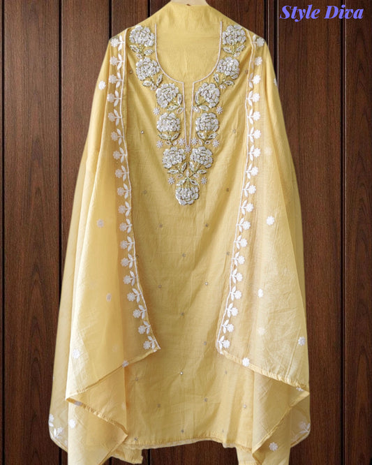 Mul Cotton Pearl & Sequin Work Unstitched Suit with Embroidered Dupatta