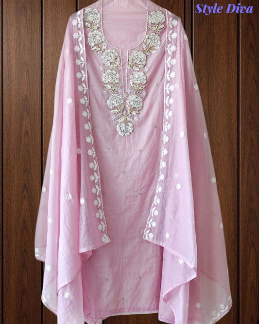 Mul Cotton Pearl & Sequin Work Unstitched Suit with Embroidered Dupatta
