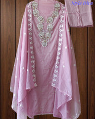 Mul Cotton Pearl & Sequin Work Unstitched Suit with Embroidered Dupatta