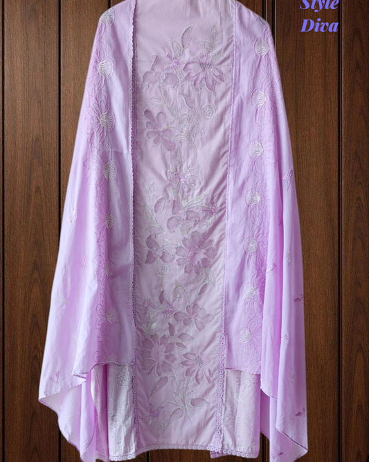 Cotton Printed Laser Cut Embroidery Unstitched Suit with Embroidered Mul Cotton Dupatta