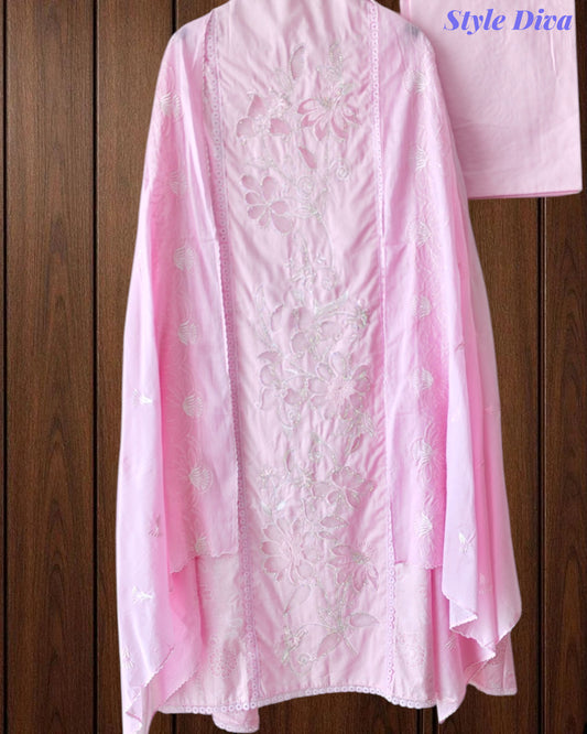 Cotton Printed Laser Cut Embroidery Unstitched Suit with Embroidered Mul Cotton Dupatta