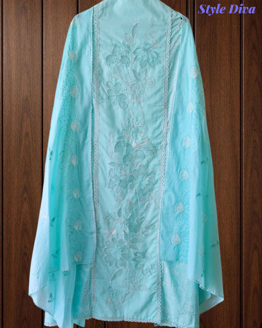 Cotton Printed Laser Cut Embroidery Unstitched Suit with Embroidered Mul Cotton Dupatta