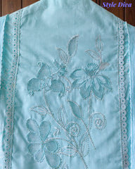 Cotton Printed Laser Cut Embroidery Unstitched Suit with Embroidered Mul Cotton Dupatta