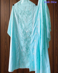 Cotton Printed Laser Cut Embroidery Unstitched Suit with Embroidered Mul Cotton Dupatta