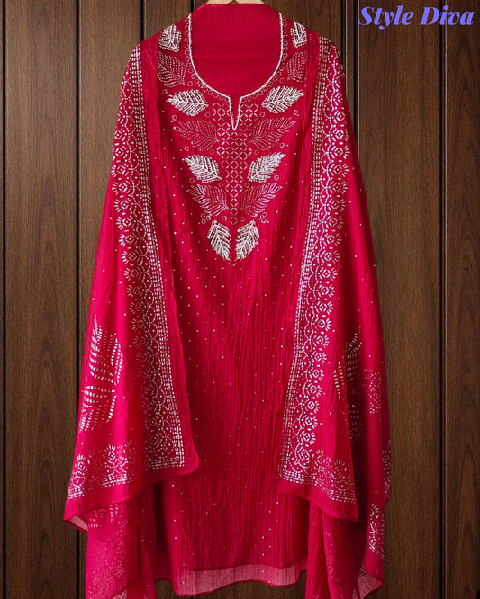 ( magenata)Designer Mul Cotton Unstitched Suit with Mukeish Work and Pearl Highlights