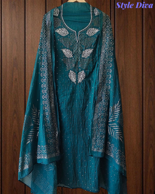 Designer Mul Cotton Unstitched Suit with Mukeish Work and Pearl Highlights