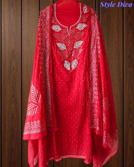 (rust colour) Designer Mul Cotton Unstitched Suit with Mukeish Work and Pearl Highlights
