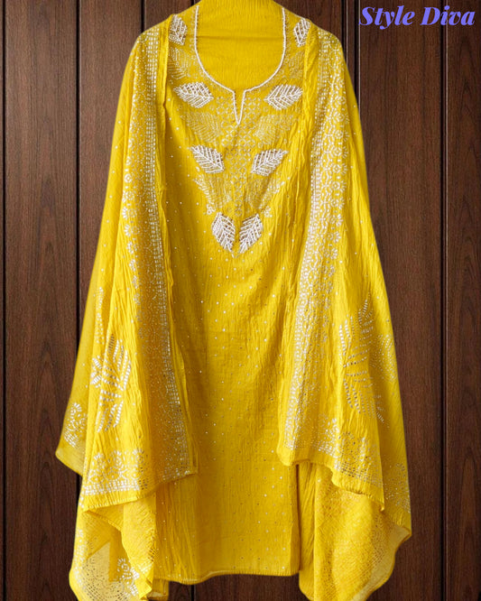 Designer Mul Cotton Unstitched Suit with Mukeish Work and Pearl Highlights