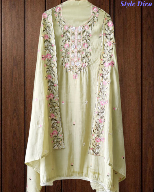 Mul Cotton Colorful Embroidered Unstitched Suit Set with Scalloped Embroidered Dupatta