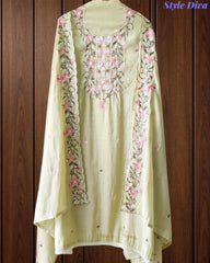 Mul Cotton Colorful Embroidered Unstitched Suit Set with Scalloped Embroidered Dupatta