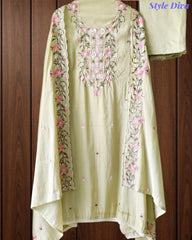 Mul Cotton Colorful Embroidered Unstitched Suit Set with Scalloped Embroidered Dupatta
