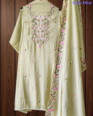 Mul Cotton Colorful Embroidered Unstitched Suit Set with Scalloped Embroidered Dupatta