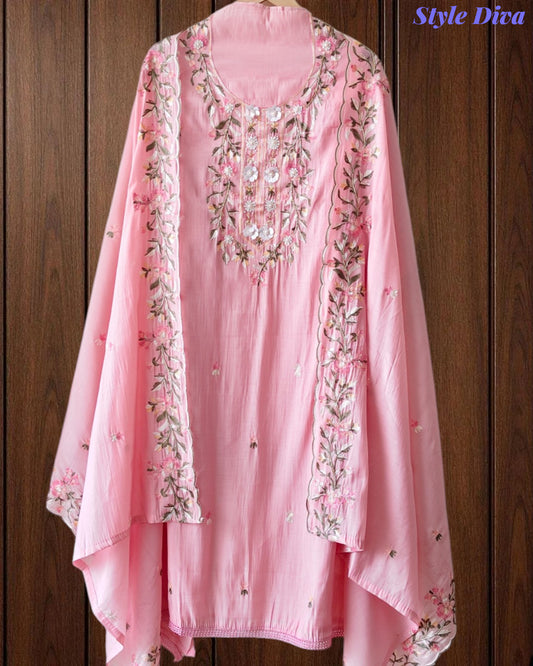 Mul Cotton Colorful Embroidered Unstitched Suit Set with Scalloped Embroidered Dupatta