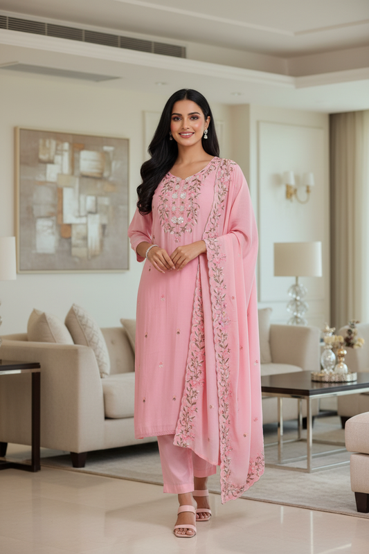 Mul Cotton Colorful Embroidered Unstitched Suit Set with Scalloped Embroidered Dupatta