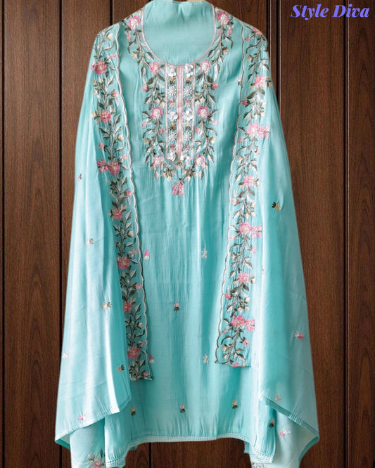 Mul Cotton Colorful Embroidered Unstitched Suit Set with Scalloped Embroidered Dupatta