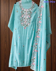 Mul Cotton Colorful Embroidered Unstitched Suit Set with Scalloped Embroidered Dupatta