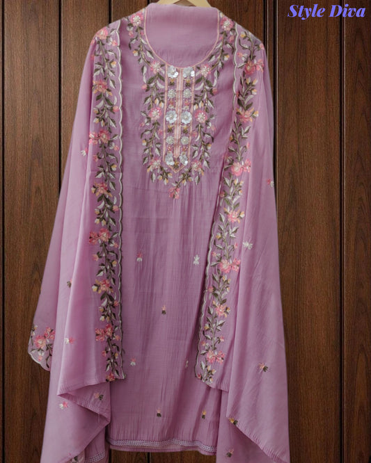 Mul Cotton Colorful Embroidered Unstitched Suit Set with Scalloped Embroidered Dupatta