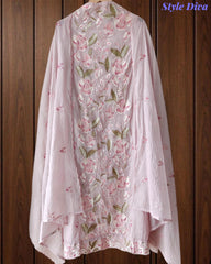 Mul Cotton Parsi Embroidered Unstitched Suit Set with Embroidered Dupatta