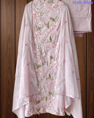Mul Cotton Parsi Embroidered Unstitched Suit Set with Embroidered Dupatta