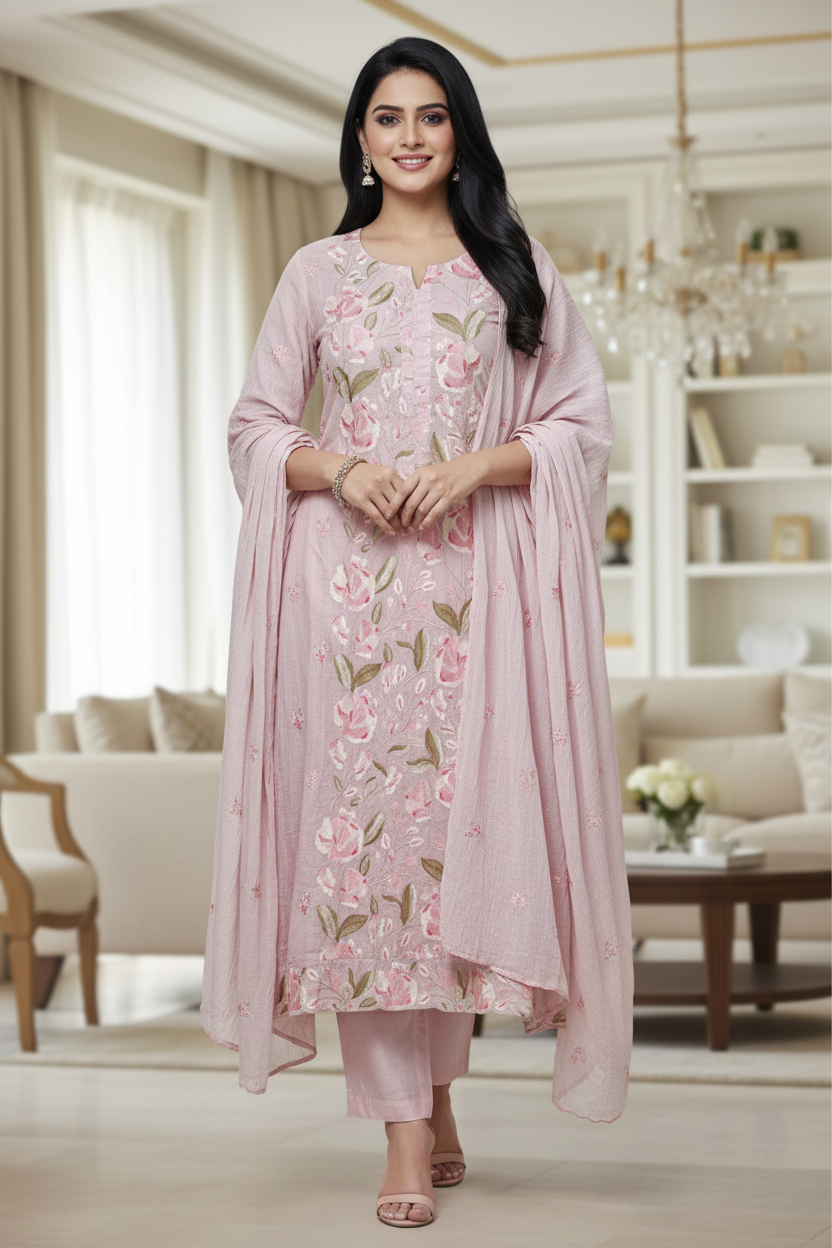 Mul Cotton Parsi Embroidered Unstitched Suit Set with Embroidered Dupatta