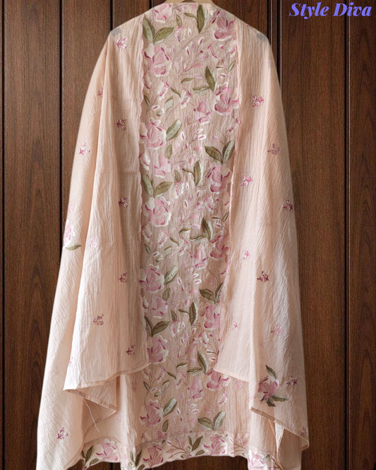 Mul Cotton Parsi Embroidered Unstitched Suit Set with Embroidered Dupatta