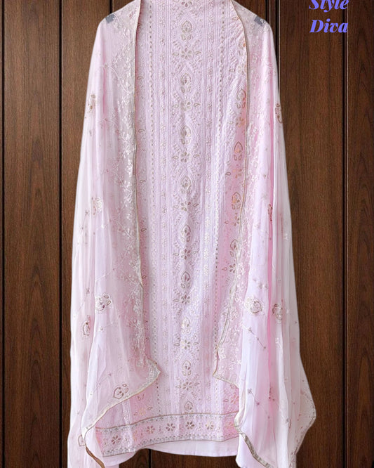 Premium Georgette Lucknowi Gotta & Zari Work Unstitched Suit with Pure Chiffon Dupatta