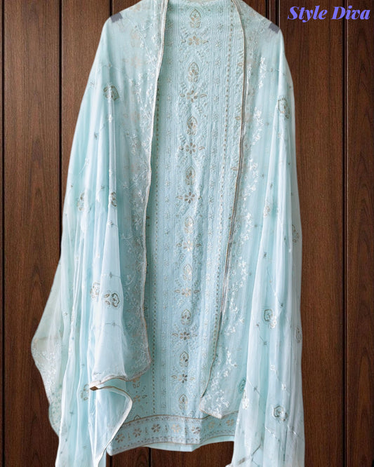 Premium Georgette Lucknowi Gotta & Zari Work Unstitched Suit with Pure Chiffon Dupatta