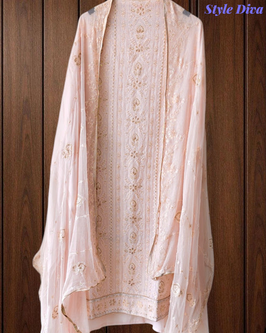 Premium Georgette Lucknowi Gotta & Zari Work Unstitched Suit with Pure Chiffon Dupatta