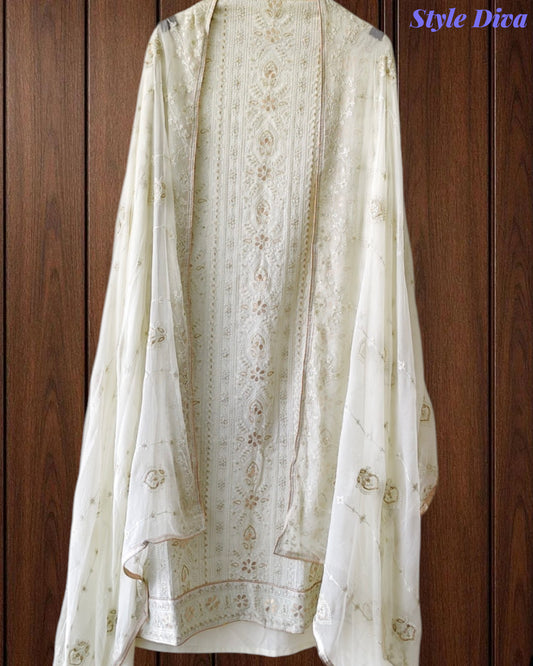 Premium Georgette Lucknowi Gotta & Zari Work Unstitched Suit with Pure Chiffon Dupatta