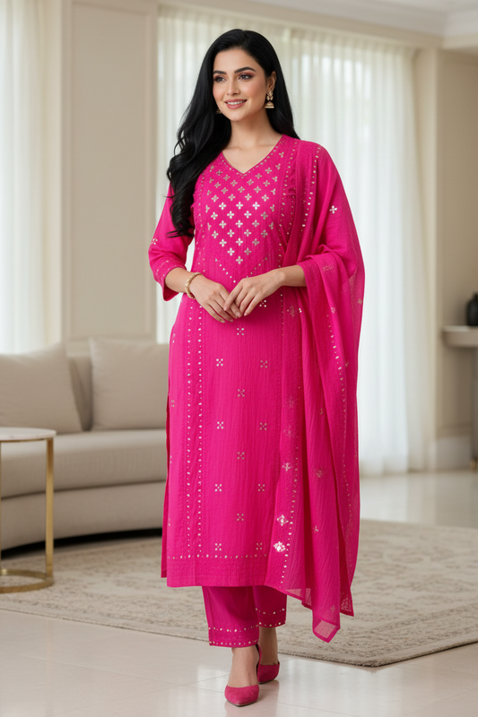 Mul Cotton Embroidered Unstitched Suit with Zari Highlighting