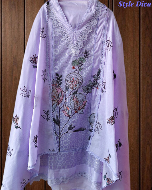 Cotton (Khadi) Pakistani Crochet Lacing Embroidered Unstitched Suit with Designer Dupatta