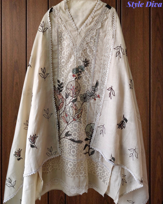 Cotton (Khadi) Pakistani Crochet Lacing Embroidered Unstitched Suit with Designer Dupatta