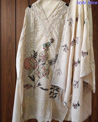 Cotton (Khadi) Pakistani Crochet Lacing Embroidered Unstitched Suit with Designer Dupatta
