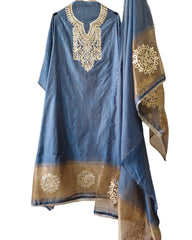 Jamdani Cotton Lagdi Patta- Faux Leather Unstitched Suit (3 PC Set)