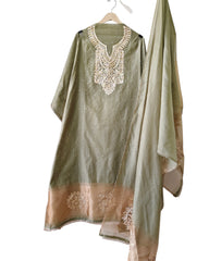 Jamdani Cotton Lagdi Patta- Faux Leather Unstitched Suit (3 PC Set)