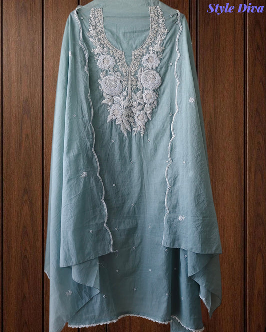 Mul Cotton Embroidered Pearl Work Unstitched Suit with Scalloped Dupatta